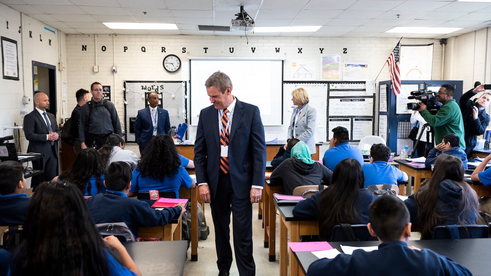 Gov. Bill Lee visits with students at a Nashville charter school on April 1 with U.S. Secretary of Education Betsy DeVos.