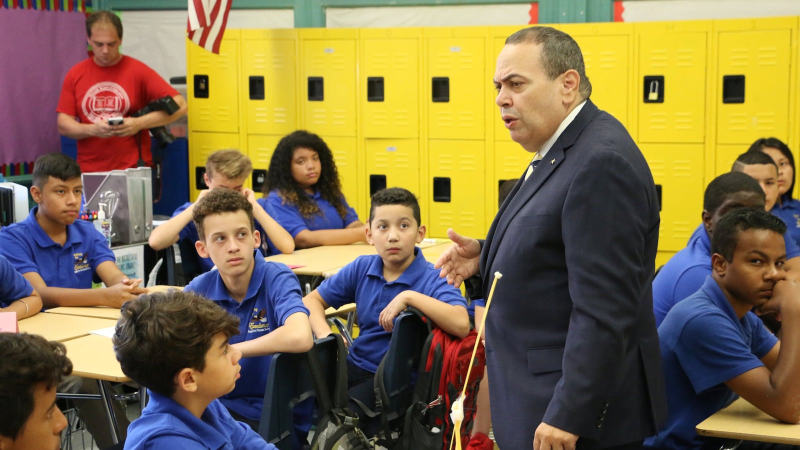 Superintendent Roger León spoke to seventh-graders at Hawkins Street School on the first day of school Tuesday.