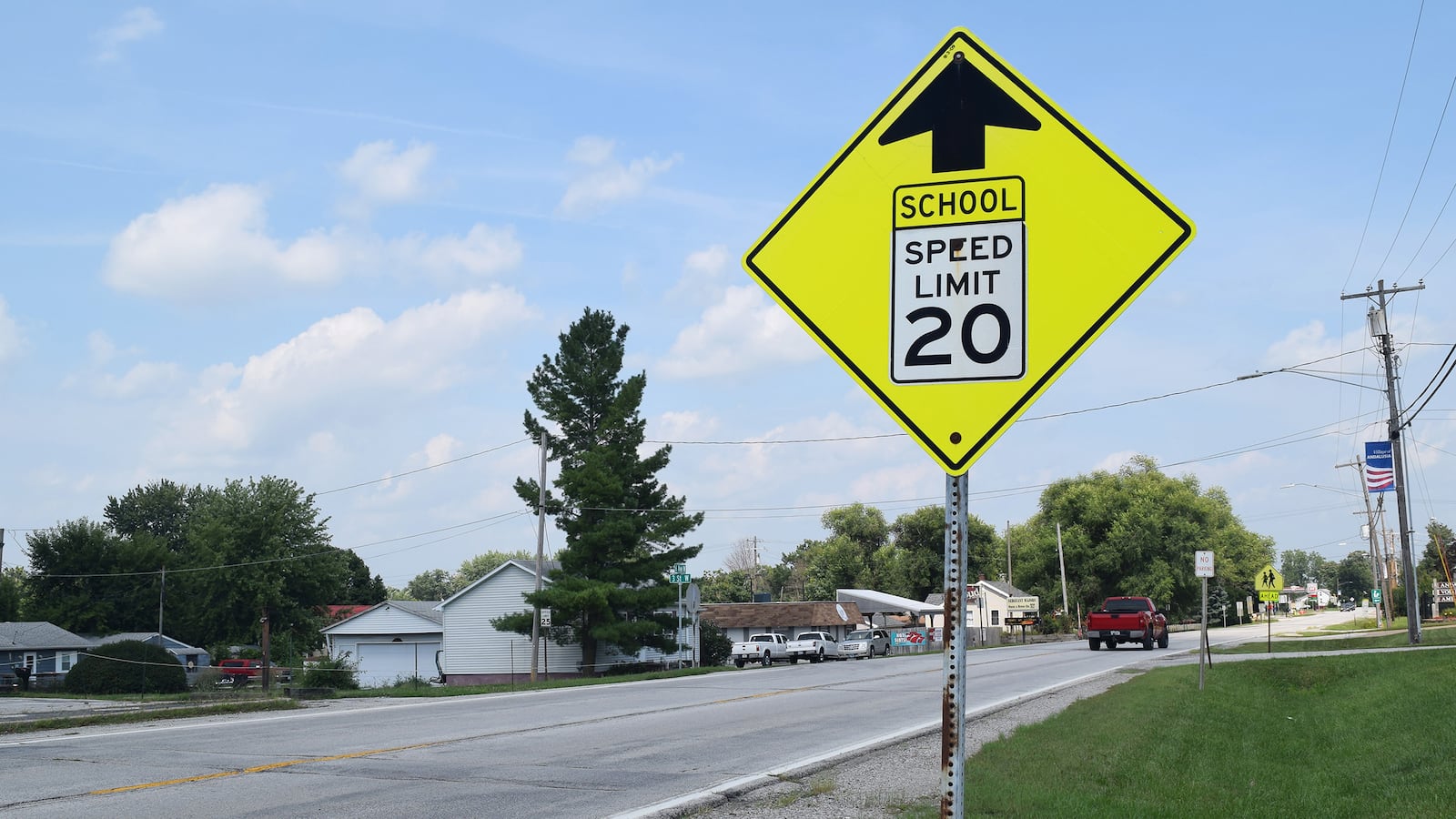 A school speed limit sign in Andalusia, Illinois, a village nearby the Illinois and 