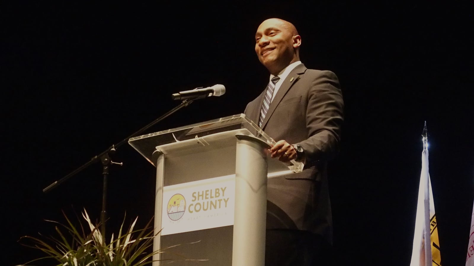 Shelby County Mayor Lee Harris delivers the 2020 county address at Collierville High School on Feb. 21.