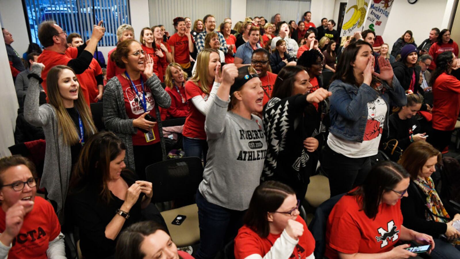 Denver teachers and their supporters get fired up before the Denver Classroom Teachers Association negotiations with Denver Public Schools district officials on Friday evening.