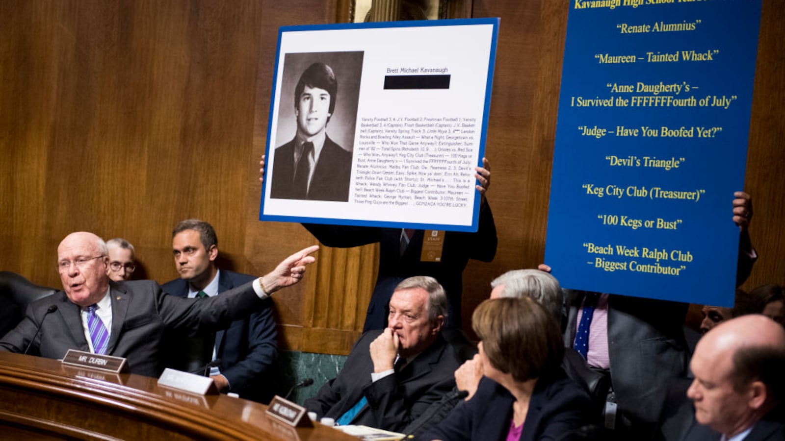 Sen. Patrick Leahy, D-Vt., points to posters as he questions Judge Brett Kavanaugh during the Senate Judiciary Committee hearing on his nomination be an associate justice of the Supreme Court of the United States, on Capitol Hill. (Photo By Tom Williams-Pool/Getty Images)