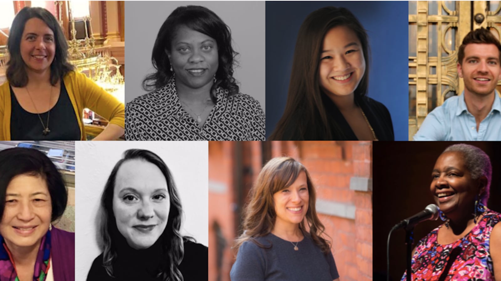 Chalkbeat’s newest local leaders and our new slate of story editors. Clockwise from top: Colorado bureau chief Erica Meltzer, Tennessee bureau chief Jacinthia Jones, Indiana bureau chief Stephanie Wang, Newark correspondent Patrick Wall, story editor Julie Topping, story editor Carrie Melago, Chicago bureau chief Cassie Walker Burke, and story editor Sharon Noguchi.