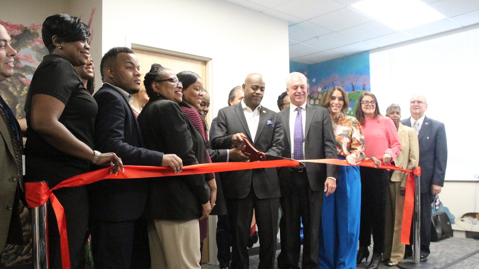 Mayor Ras Baraka cut the ribbon on the Newark Public Schools’ new headquarters in January, along with outgoing Superintendent Christoper Cerf and members of the Newark school board.