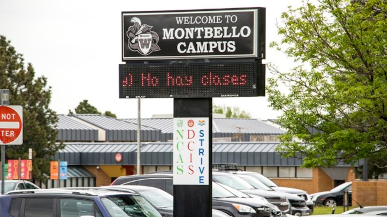 Welcome to Montbello Campus reads a sign above the electronic billboard on the previous campus of the comprehensive high school in Denver.