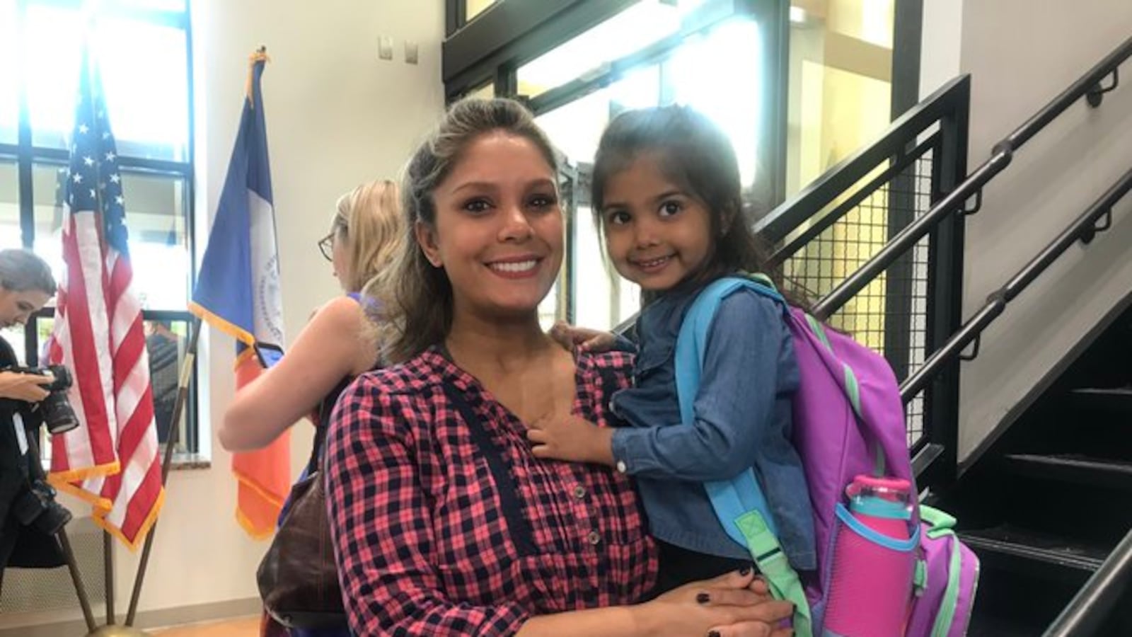 Thursday was 3-year-old Arya Chand’s first day of school ever. Here she is with her mom, Davina.