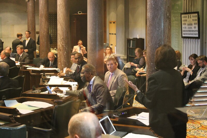 Sen. Delores Gresham (at right) presents a bill this year on the floor of the Tennessee Senate. Gresham, who chairs the Senate Education Committee, requested this week's report from the state comptroller's office.