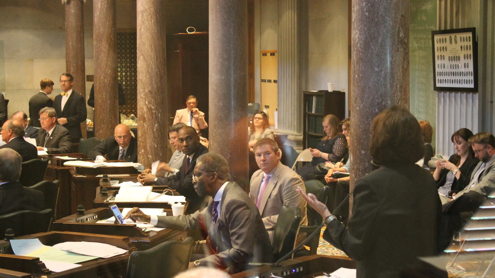 Sen. Delores Gresham (at right) presents a bill this year on the floor of the Tennessee Senate. Gresham, who chairs the Senate Education Committee, requested this week's report from the state comptroller's office.