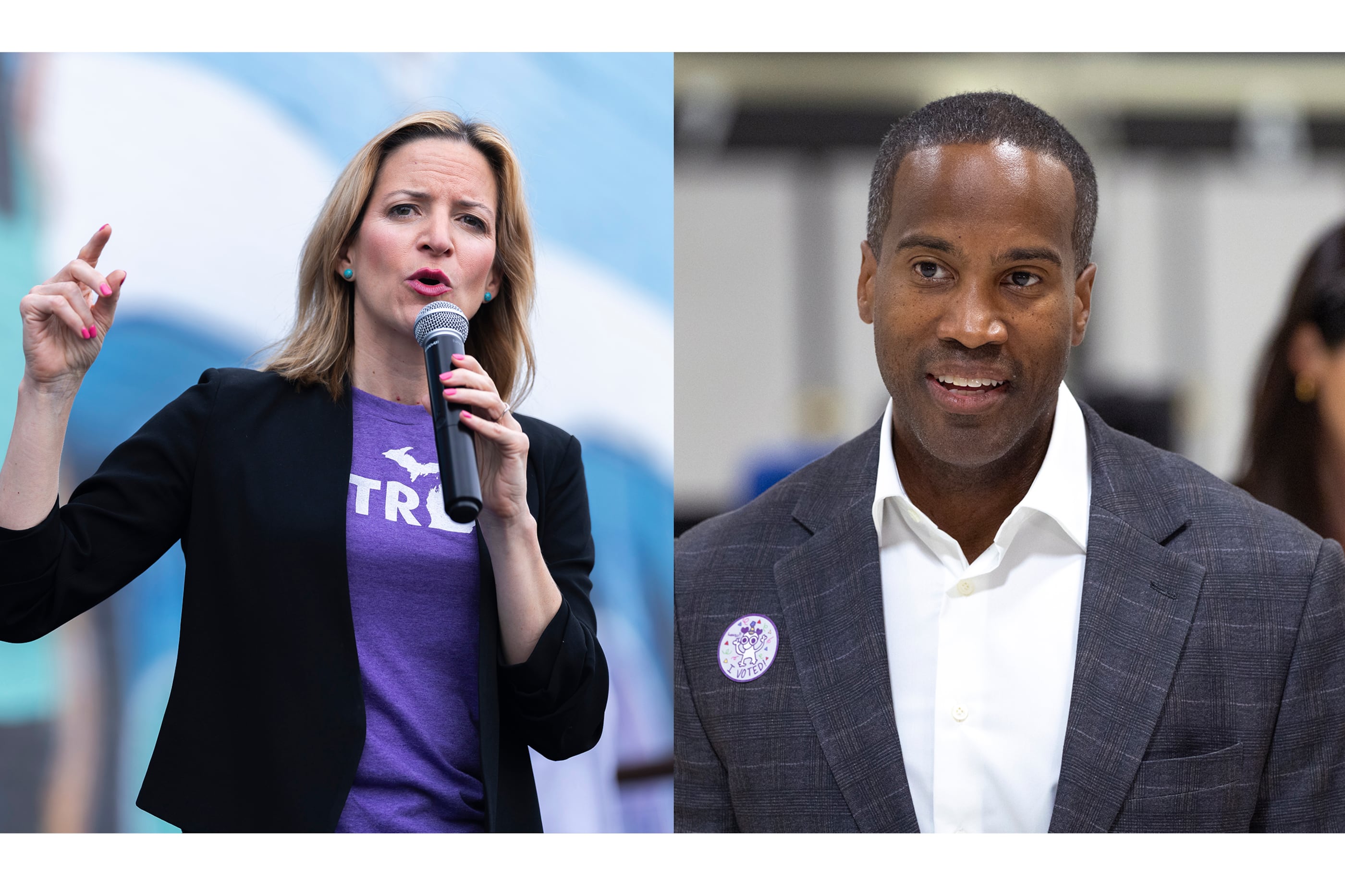 A white woman holding a microphone on the left and a Black man in a suit on the right.