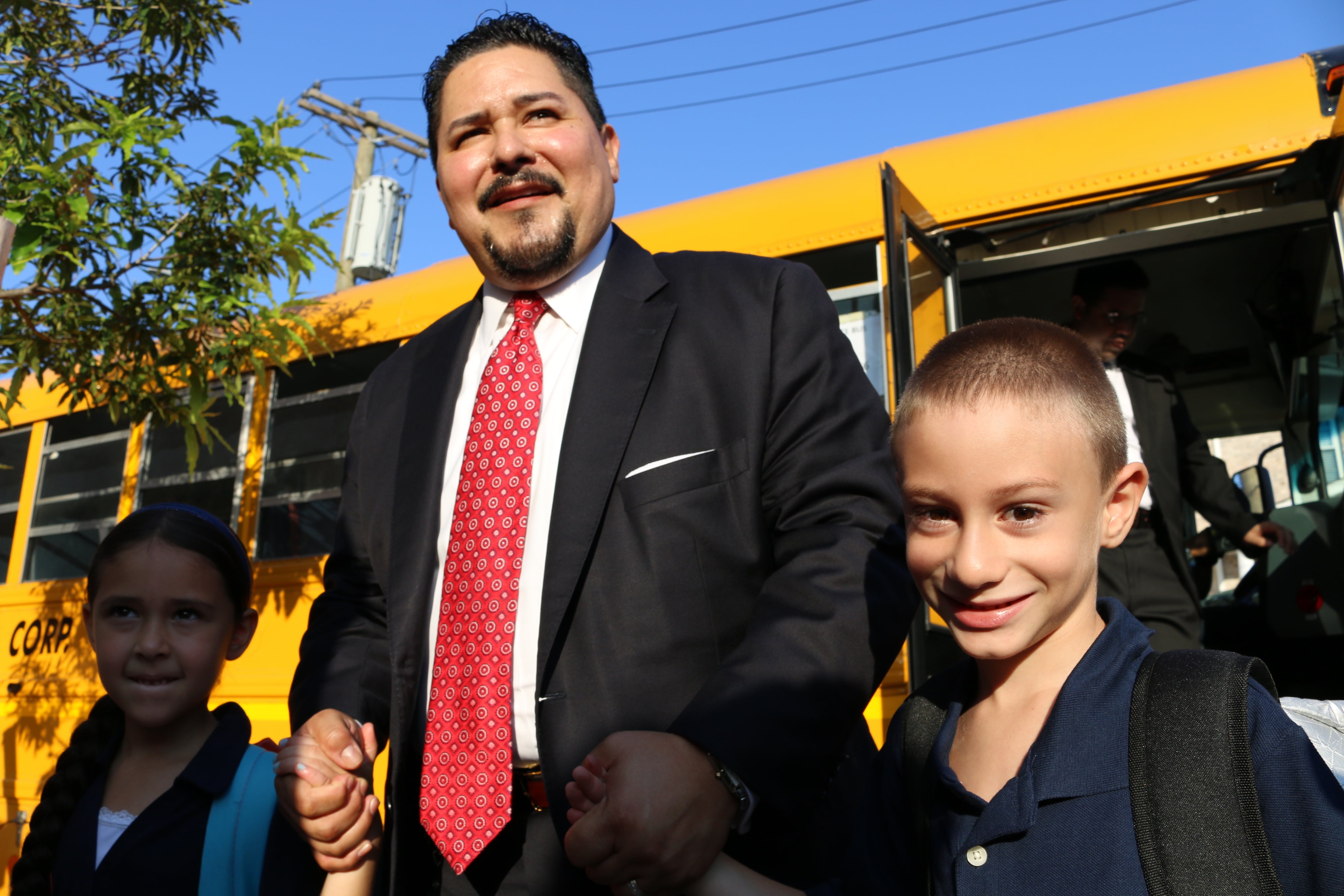 Schools Chancellor Richard Carranza rode a school bus to P.S. 377 in Ozone Park, Queens, on the first day of the 2018-2019 school year.