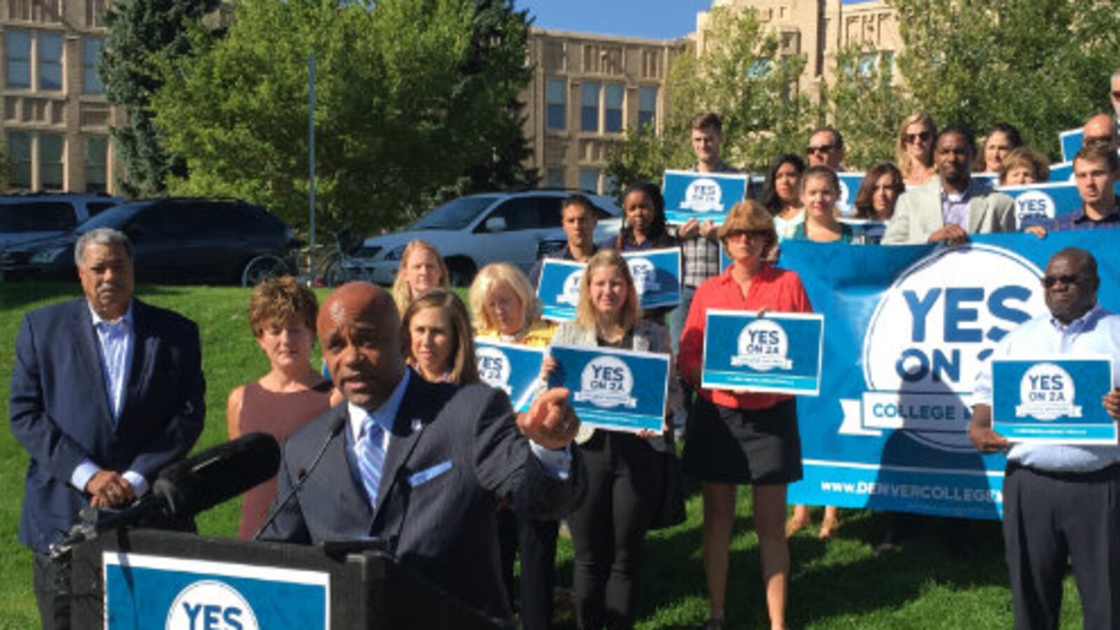 Mayor Michael Hancock at a Yes on 2A kickoff event (Jon Murray, The Denver Post).