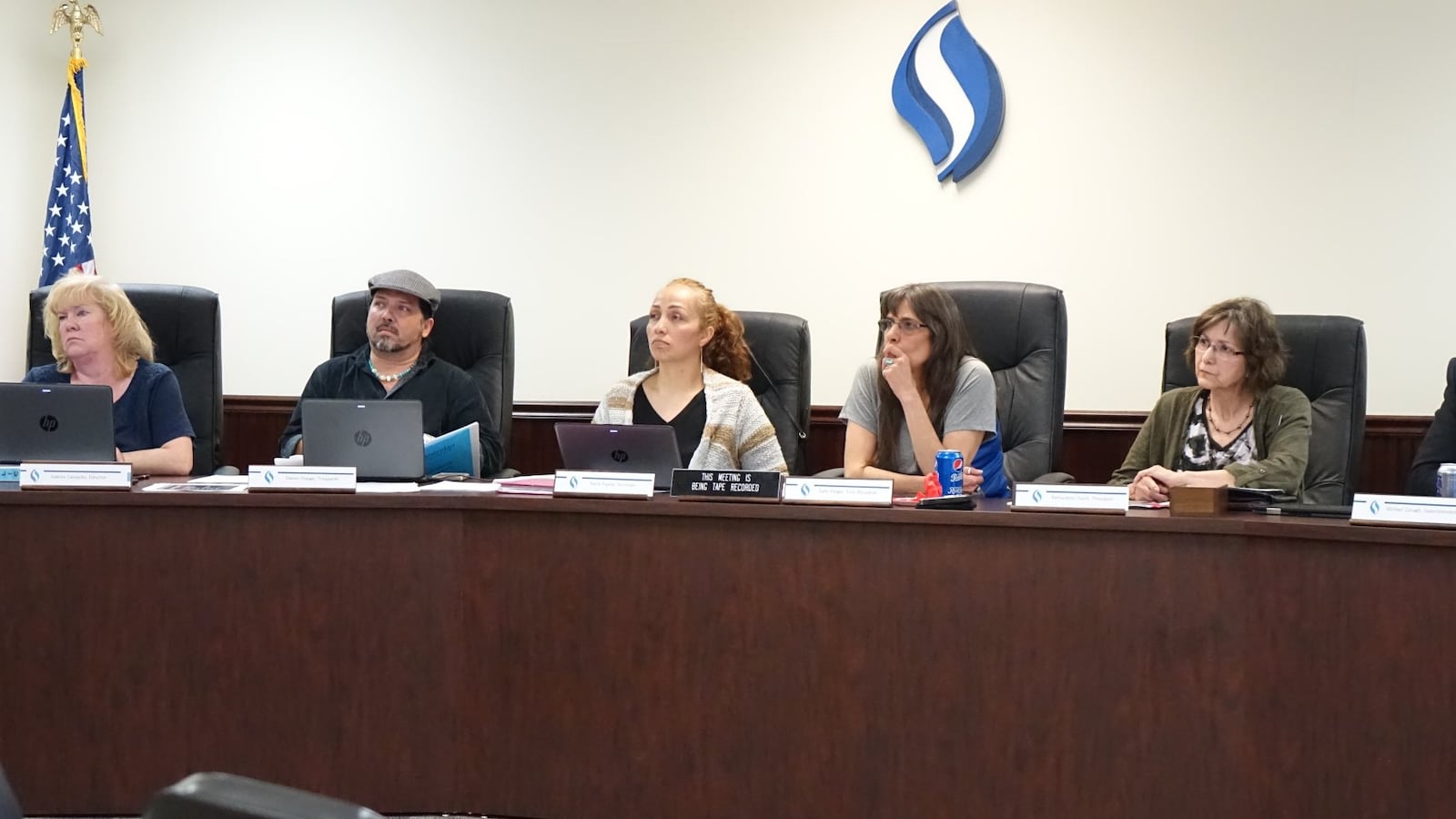 Sheridan school board members and Superintendent Michael Clough, right, at earlier meeting in 2018. (Photo courtesy of Sheridan School District)
