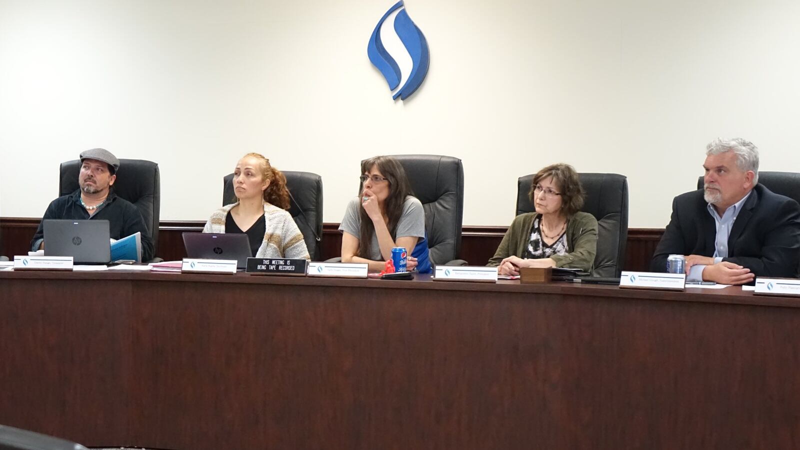 Sheridan school board members and Superintendent Michael Clough, right, at earlier meeting in 2018. (Photo courtesy of Sheridan School District)