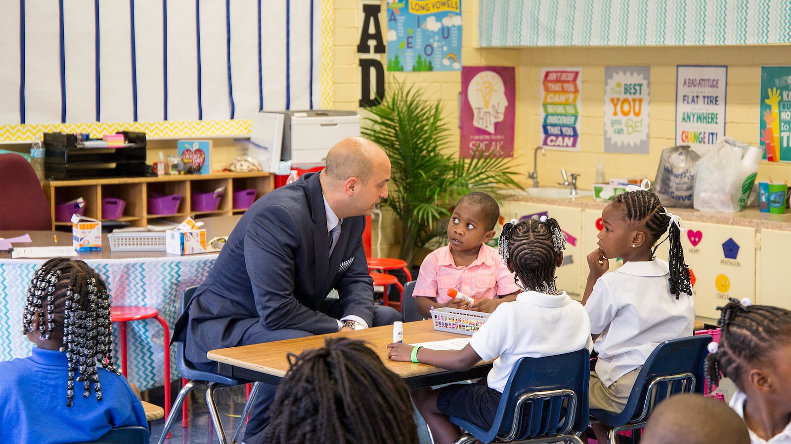 Superintendent Nikolai Vitti meets with students on the first day of school in Duval County, Florida in 2016. He was selected in 2017 to lead Detroit schools.