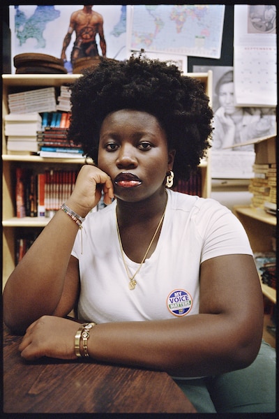 Student Abeyuwa Uwoghiren of Jennifer Alvarez's 9th grade Global History class at the High School for Health Professions and Human Services on Friday, October 11, 2024 in Manhattan, New York.