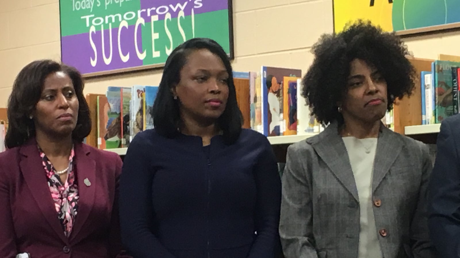 Chicago’s new deputy mayor for education and human services, Sybil Madison (third from left) stands with schools CEO Janice Jackson (center) and chief academic officer LaTanya McDade at a press conference announcing her appointment June 3, 2019.