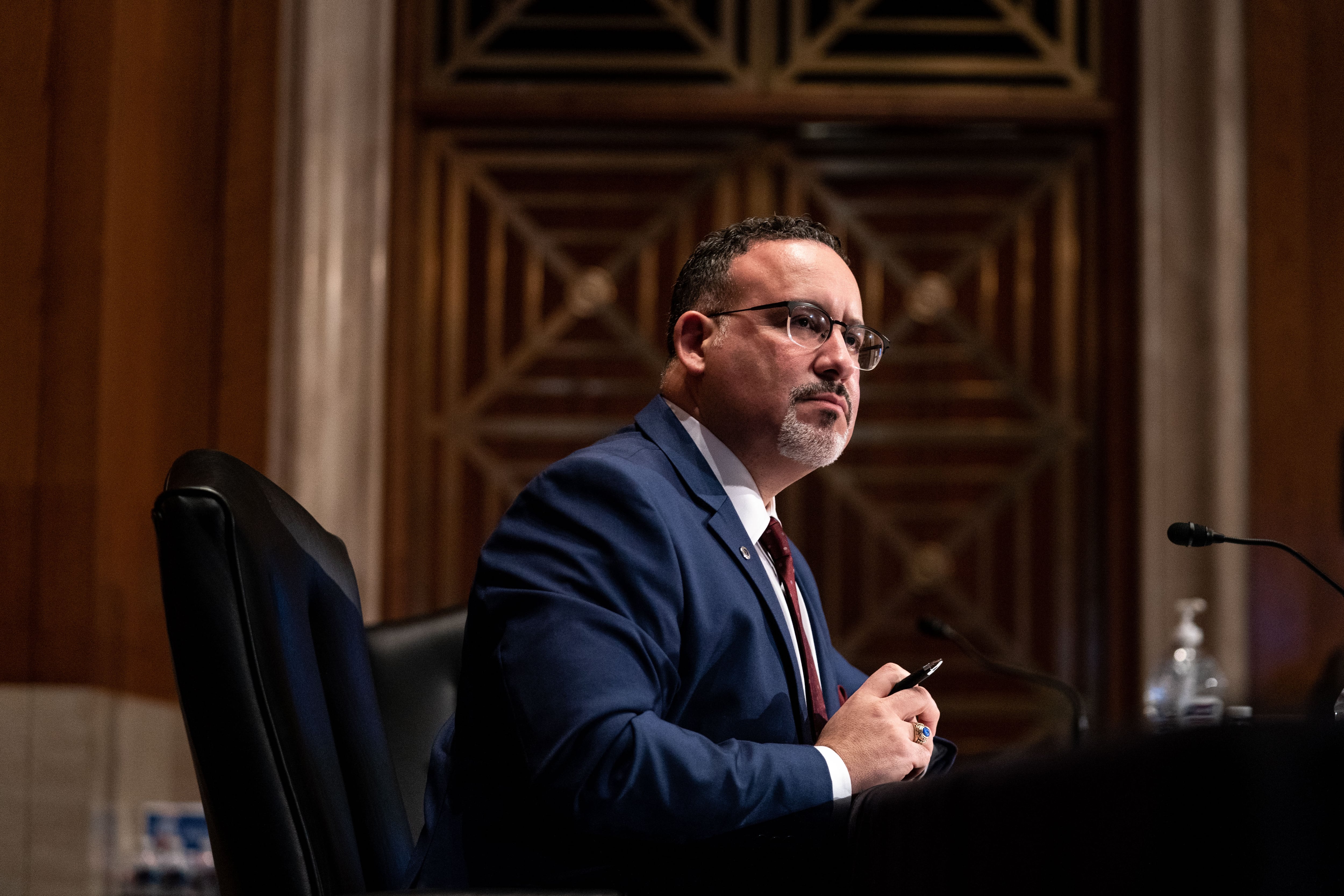 Miguel Cardona is pictured at this confirmation hearing. He was confirmed by the U.S. Senate on March 1, 2021.