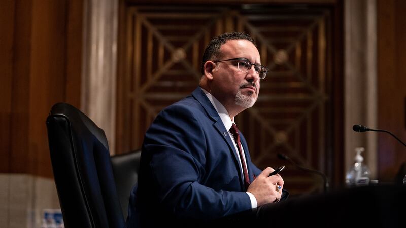Miguel Cardona is pictured at this confirmation hearing. He was confirmed by the U.S. Senate on March 1, 2021.