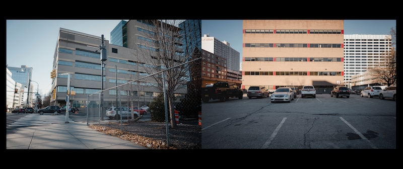 Two images against a black backdrop. Both images are of large buildings outside.