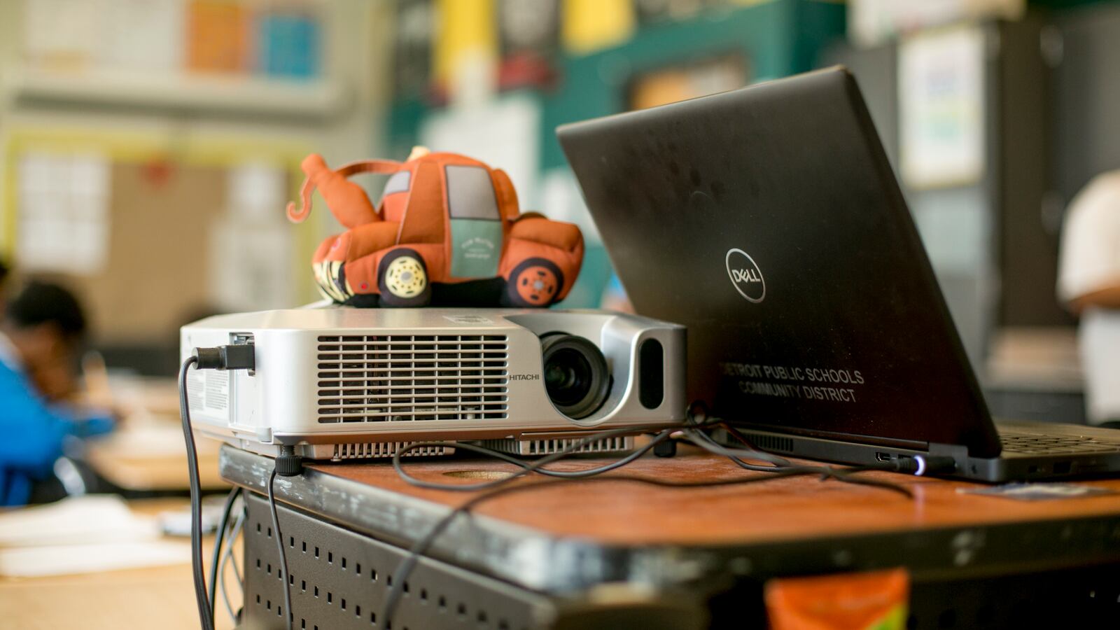 A laptop computer is tethered to a projector in a math class at Southeastern High School in Detroit, MI.