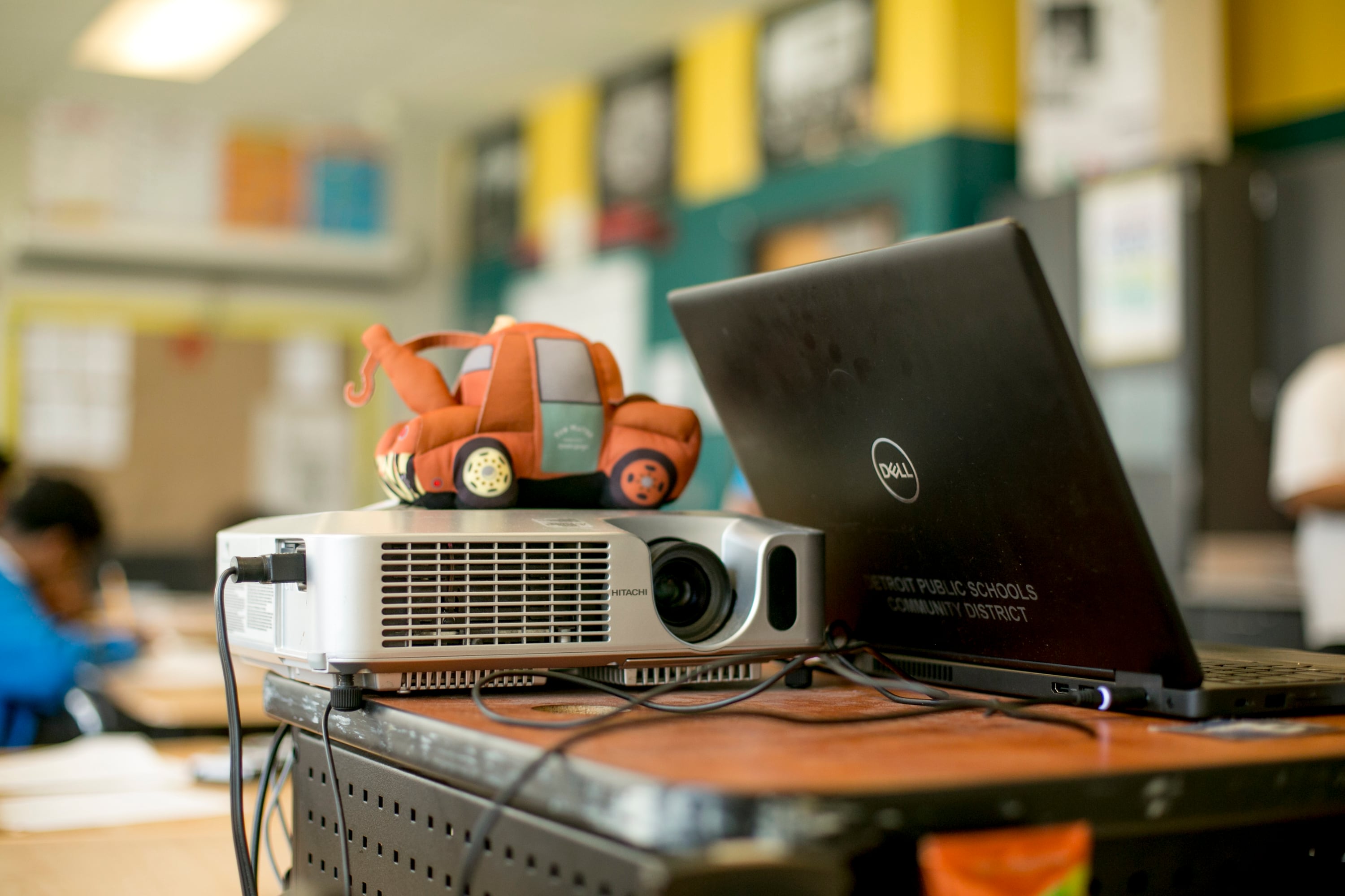 A laptop computer is tethered to a projector in a math class at Southeastern High School in Detroit, MI.