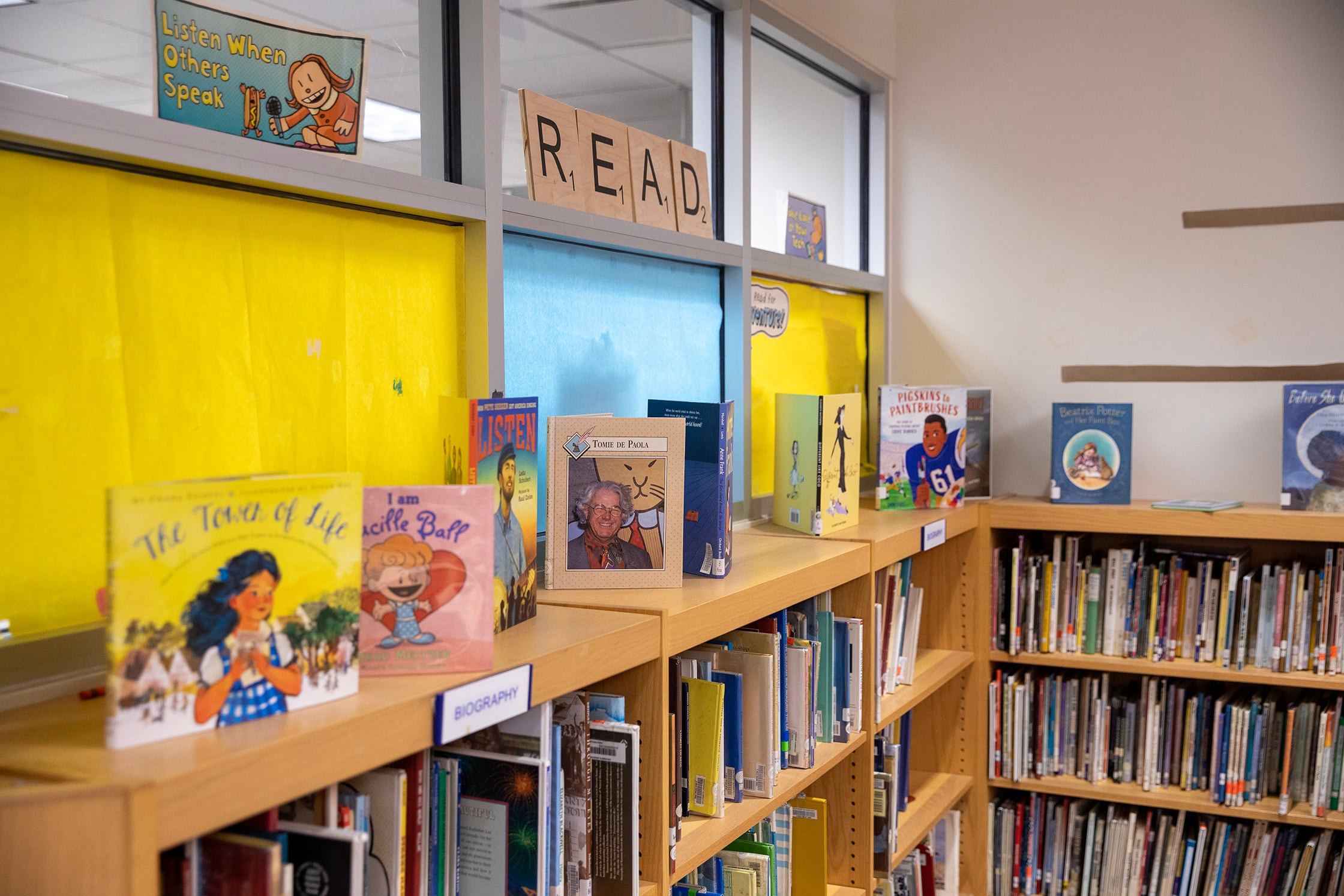 Books on shelves in a school library.