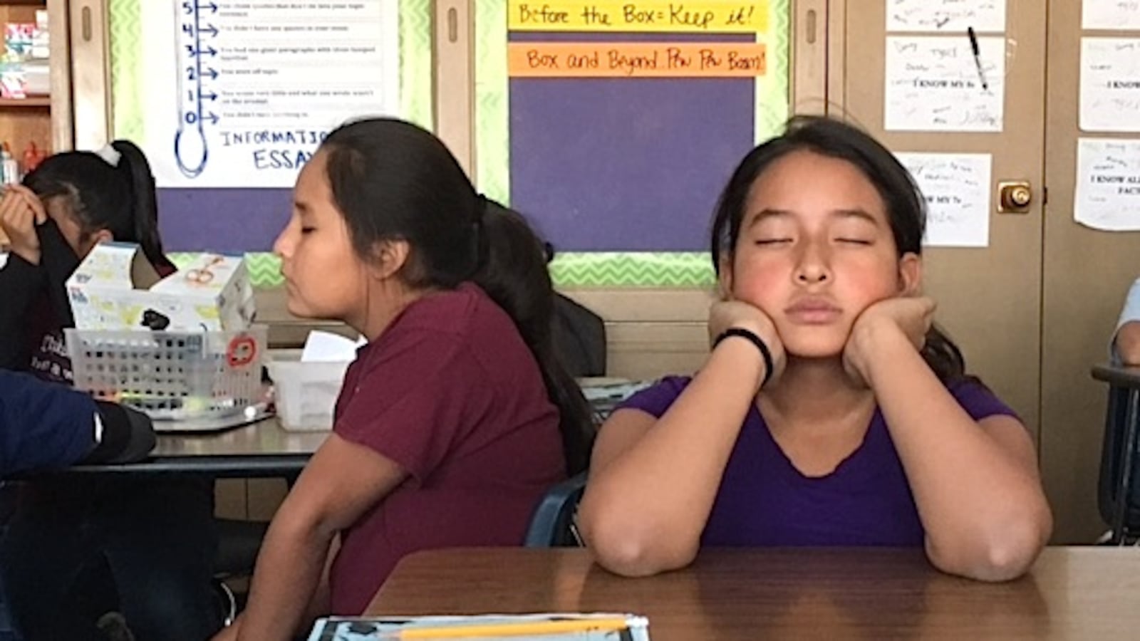 A fifth-grader in Fallon Newman’s class practices mindfulness at Munroe Elementary School in Denver.