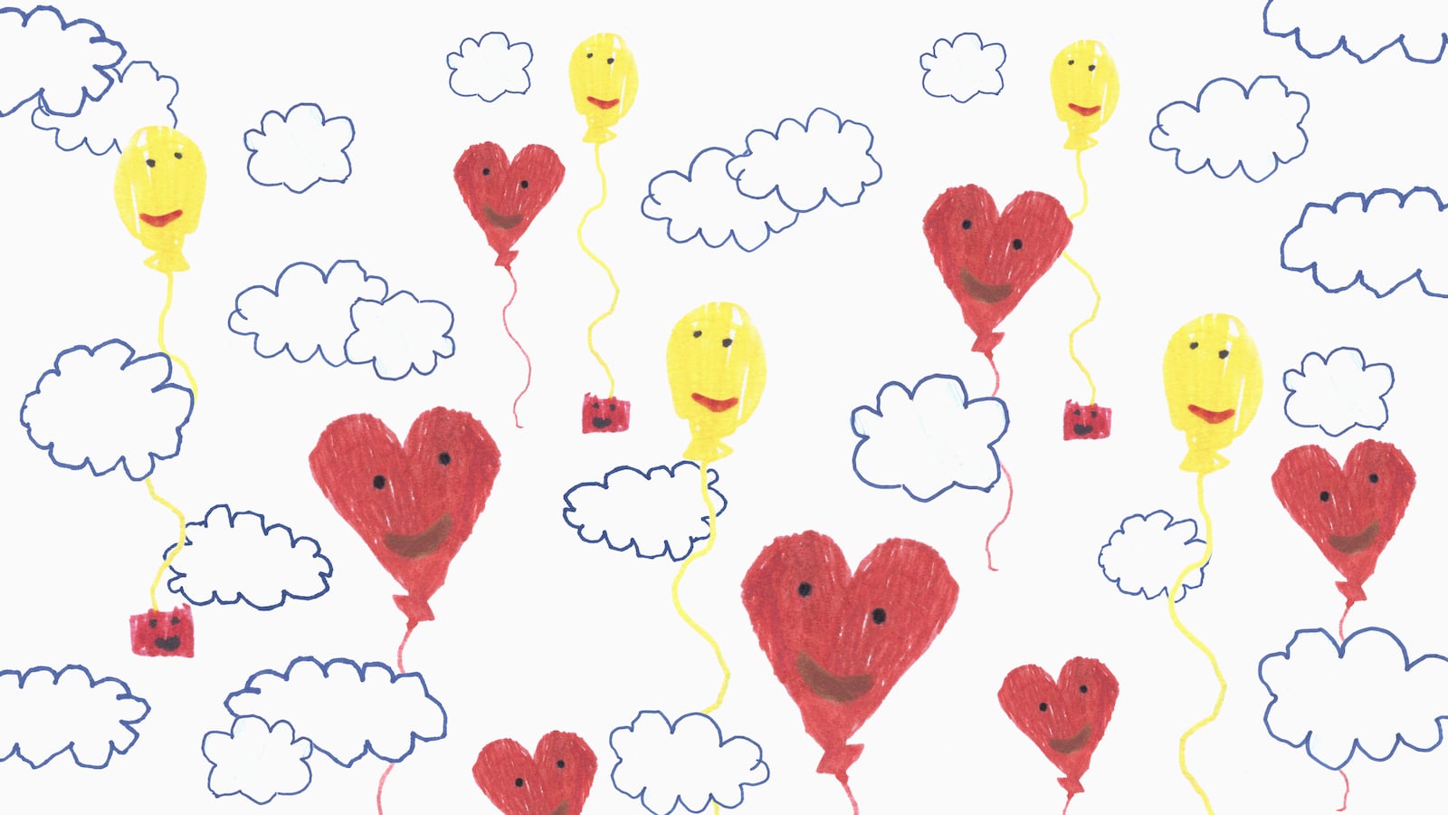 Child’s drawing of yellow and red balloons in the clouds.