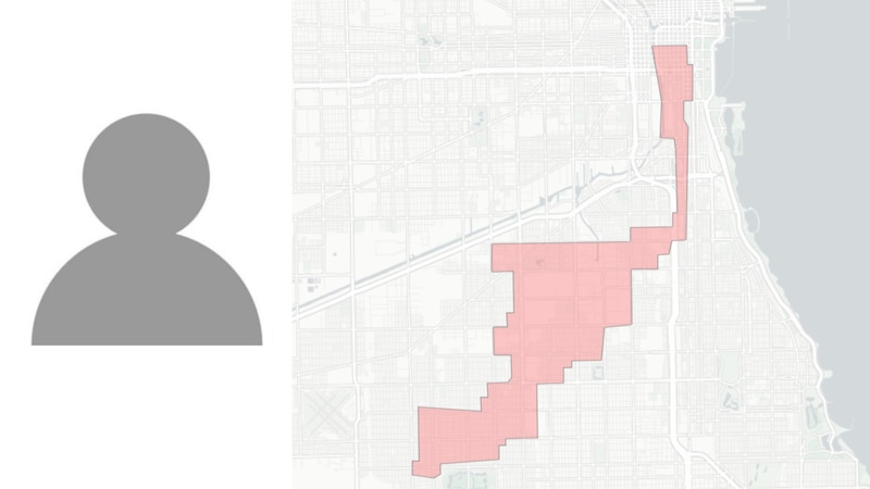 A grey silhouette on a white background next to a pink, white and grey map.