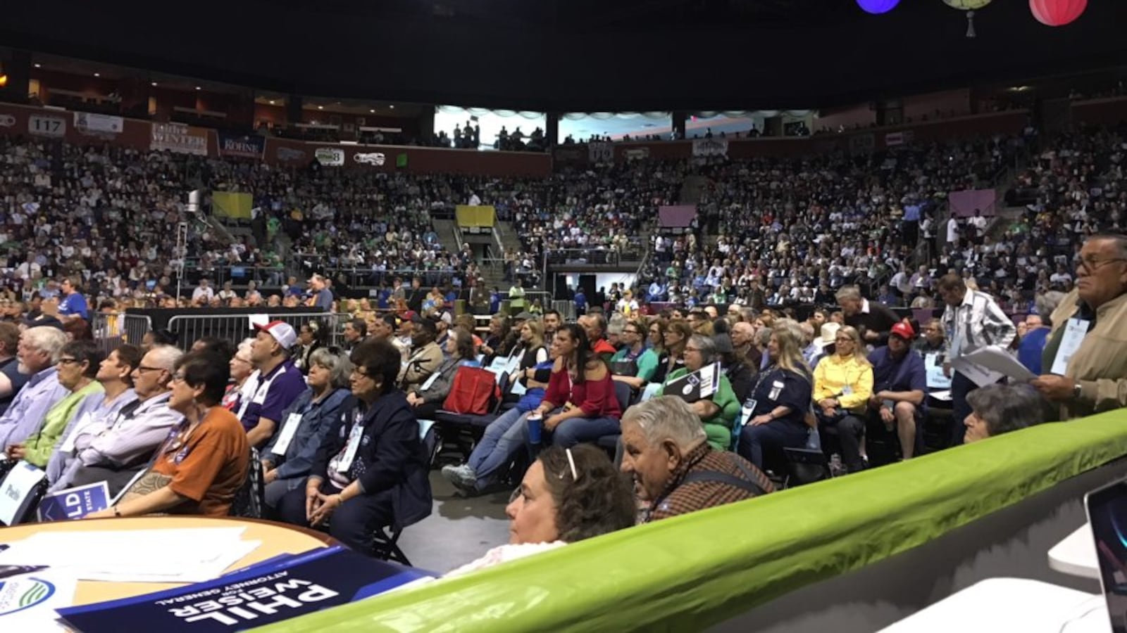 More than 3,400 delegates gathered in the First Bank Center in Broomfield Saturday for the Democratic state assembly. (Erica Meltzer/Chalkbeat)