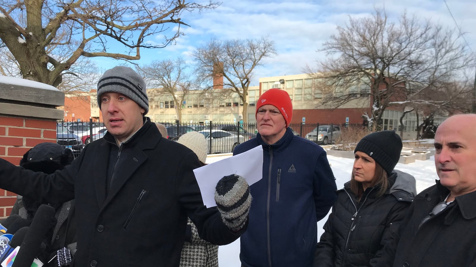 Local School Council member Eli Grant speaks at a press conference on Feb. 7, 2020 outside Lincoln Park High School.