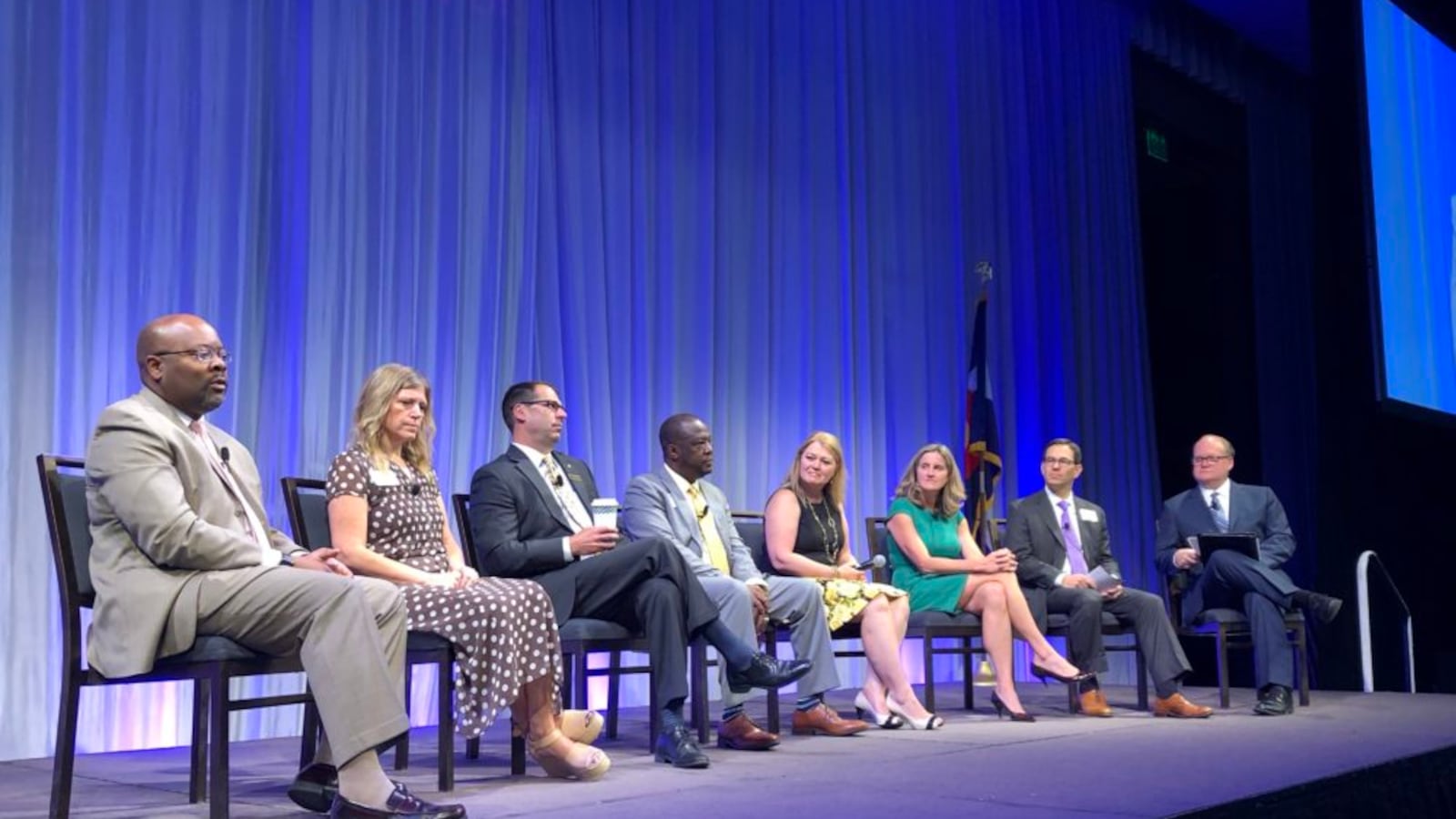 Superintendents (from left) Rico Munn of Aurora, Lisa Yates of Buena Vista, Scott Siegfried of Cherry Creek, Thomas Tucker of Douglas County, and Pam Swanson of Westminster joined Becky Crowe of Clayton Early Learning and attorney Craig May in a PEBC forum moderated by Gregg Moss, president and CEO of the Metro North Chamber of Commerce.