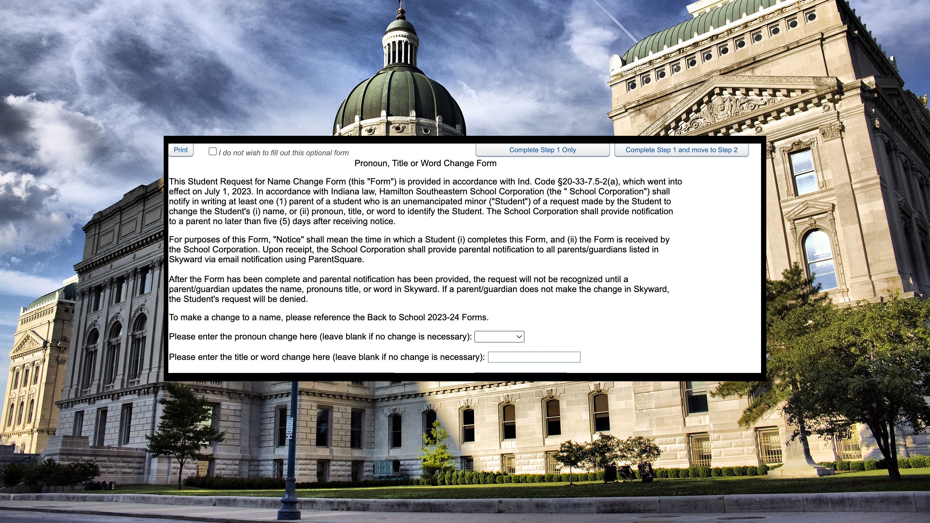 A screen capture of a form about pronoun changes is superimposed on a picture of the Indiana state capital.