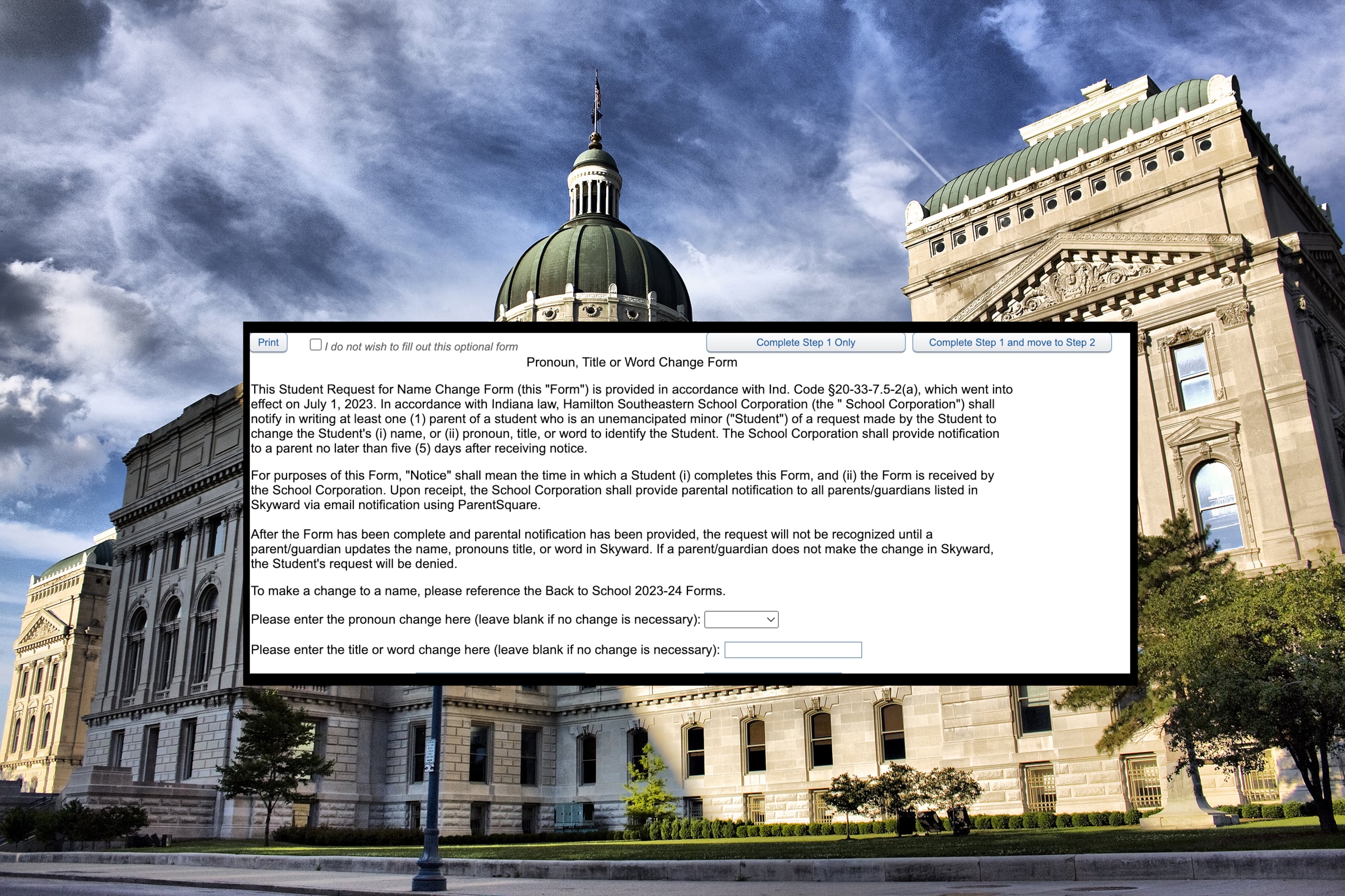 A screen capture of a form about pronoun changes is superimposed on a picture of the Indiana state capital.