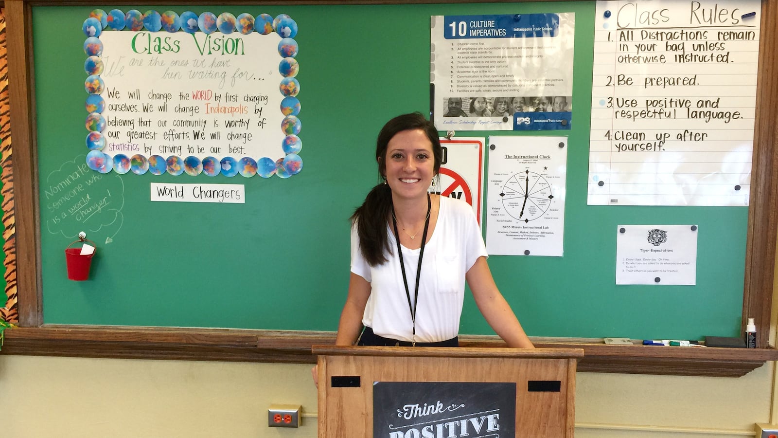 Morgan Cooksey, a first-year Teach for America corps member, stands behind a podium at the front of her class at Crispus Attucks Medical Magnet High School. Just three months ago, Cooksey was a political science major at the University of Louisville. Now she's a teacher in the lowest-performing school district in Indianapolis.
