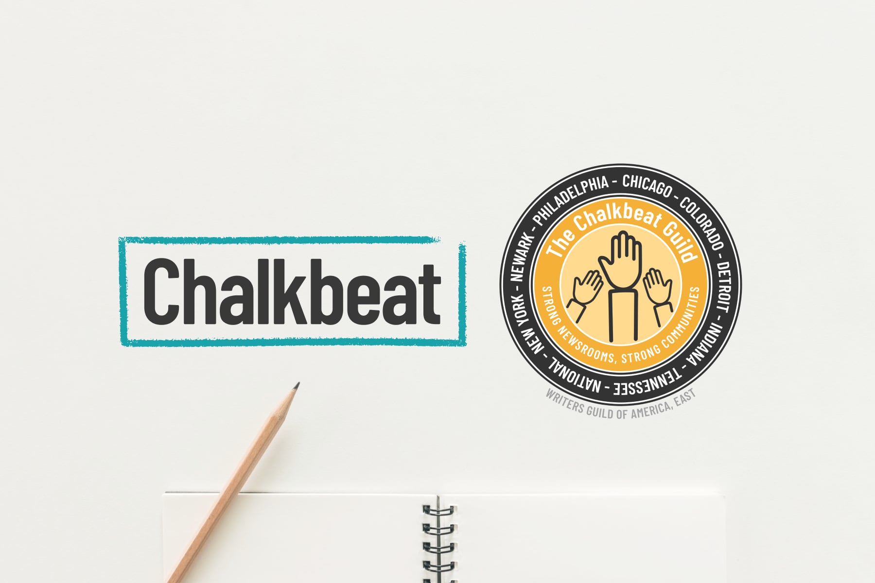 Chalkbeat logo and The Chalkbeat Guild logo and a pencil and notebook against a white background.