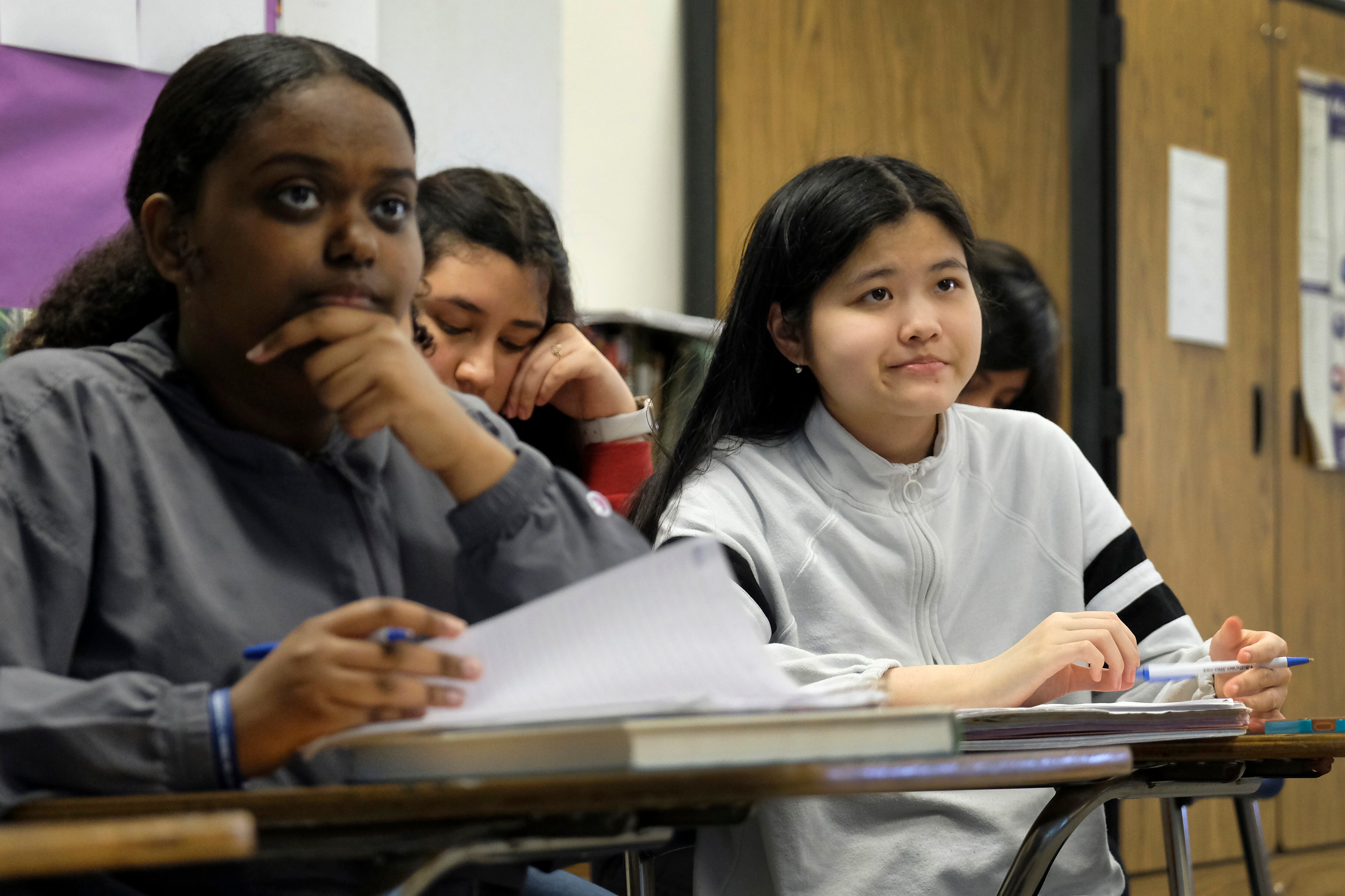 Students work at their desks in a classroom at Crispus Attucks High School, a public school in Indianapolis, Indiana.