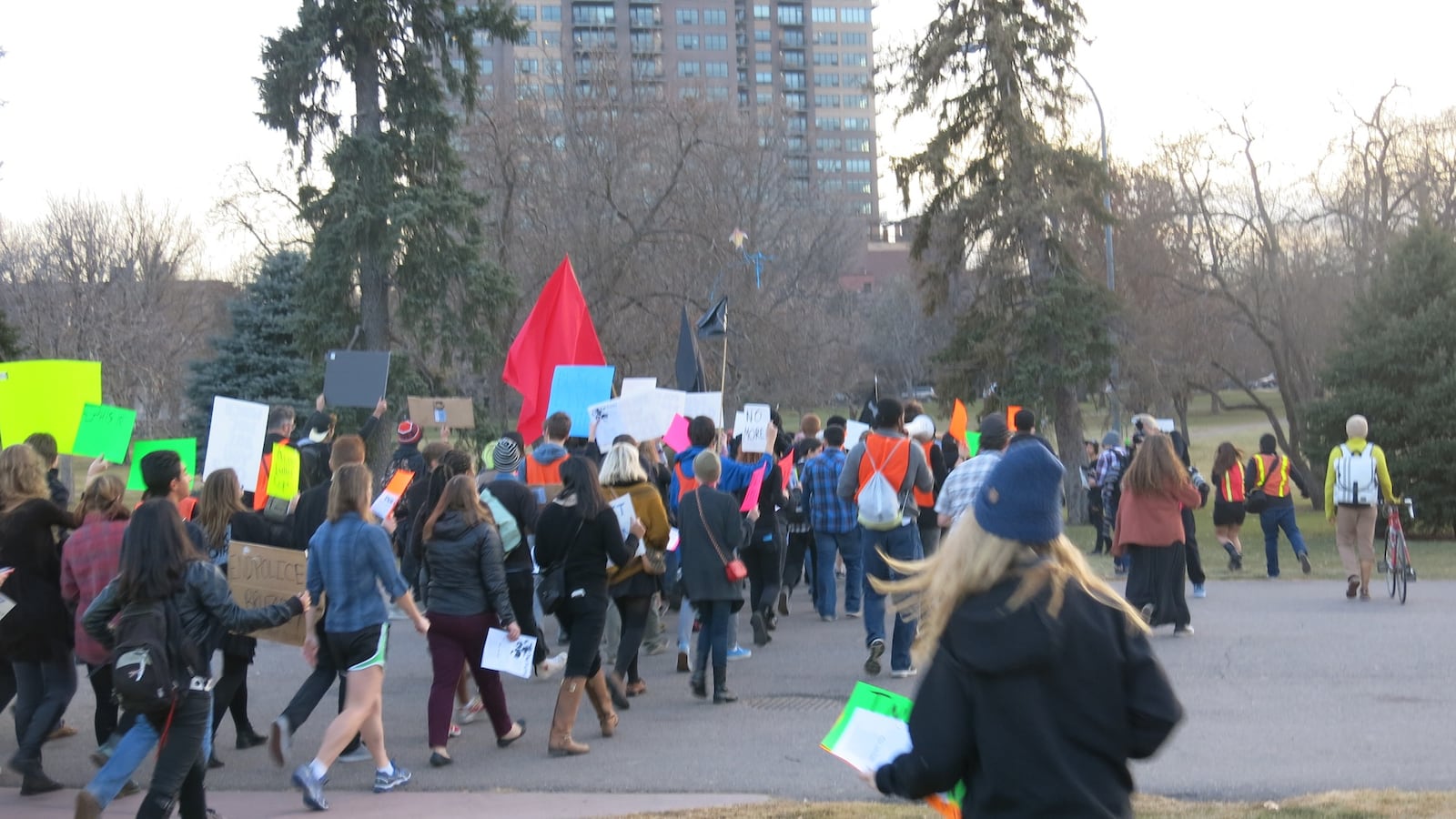 Students at a multi-school protest in Denver begin to march toward the state capitol.