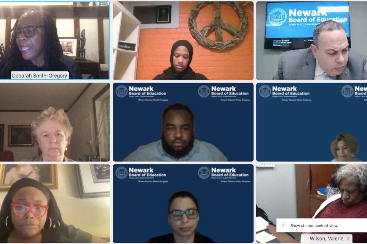 Newark Board of Education members and Superintendent Roger Leon listen to a member of the public speak during a virtual meeting on Nov. 23, 2021.