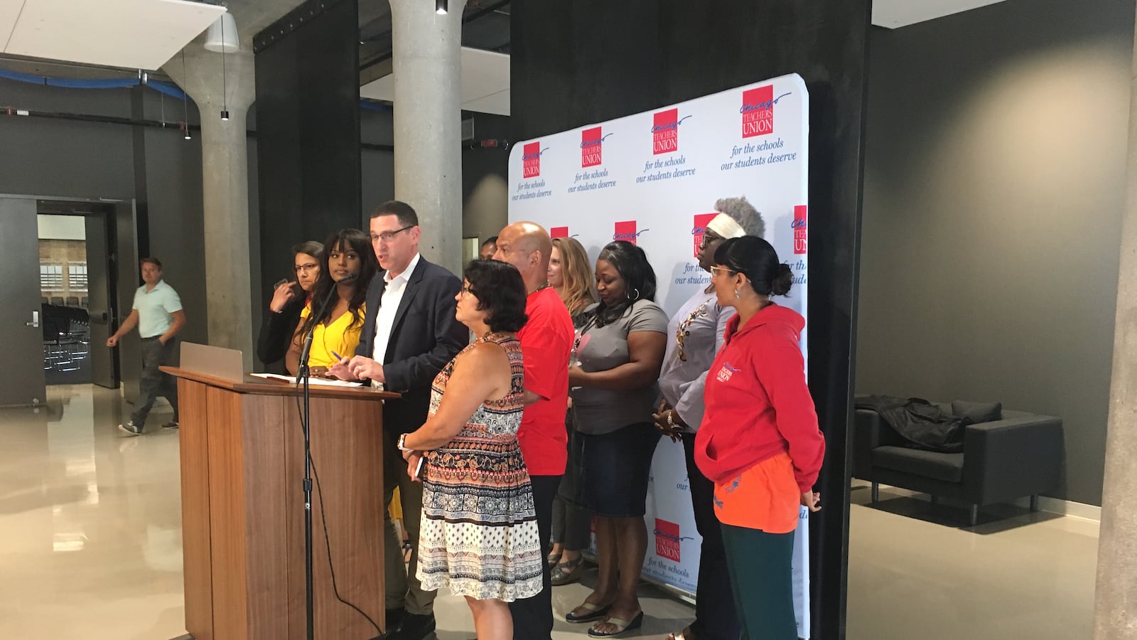Chicago Teachers Union chief Jesse Sharkey  flanked by union officials on Sept. 4, 2018, the day Mayor Rahm Emanuel announced he was not seeking a third term. To his right is Stacy Davis Gates, the union's new vice president.