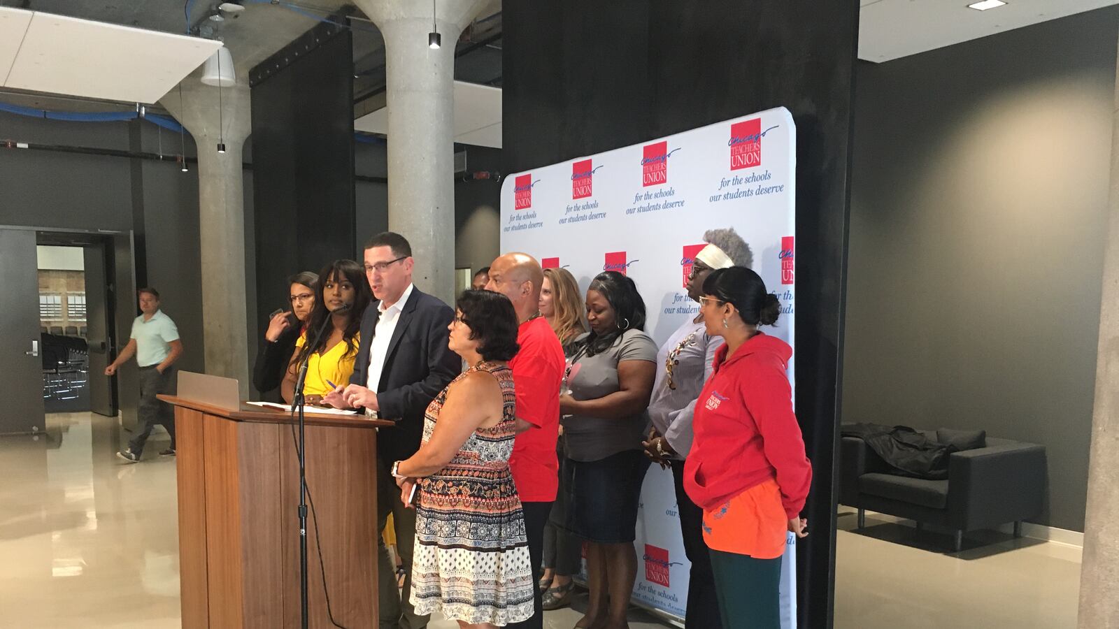 Chicago Teachers Union chief Jesse Sharkey  flanked by union officials on Sept. 4, 2018, the day Mayor Rahm Emanuel announced he was not seeking a third term. To his right is Stacy Davis Gates, the union's new vice president.