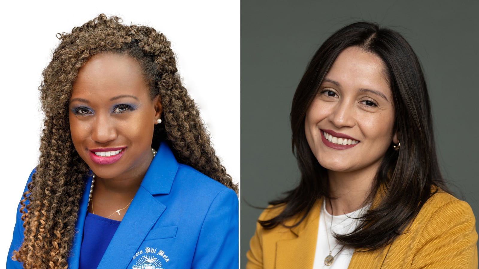 Two photos side by side of women looking at the camera posing for a portrait.