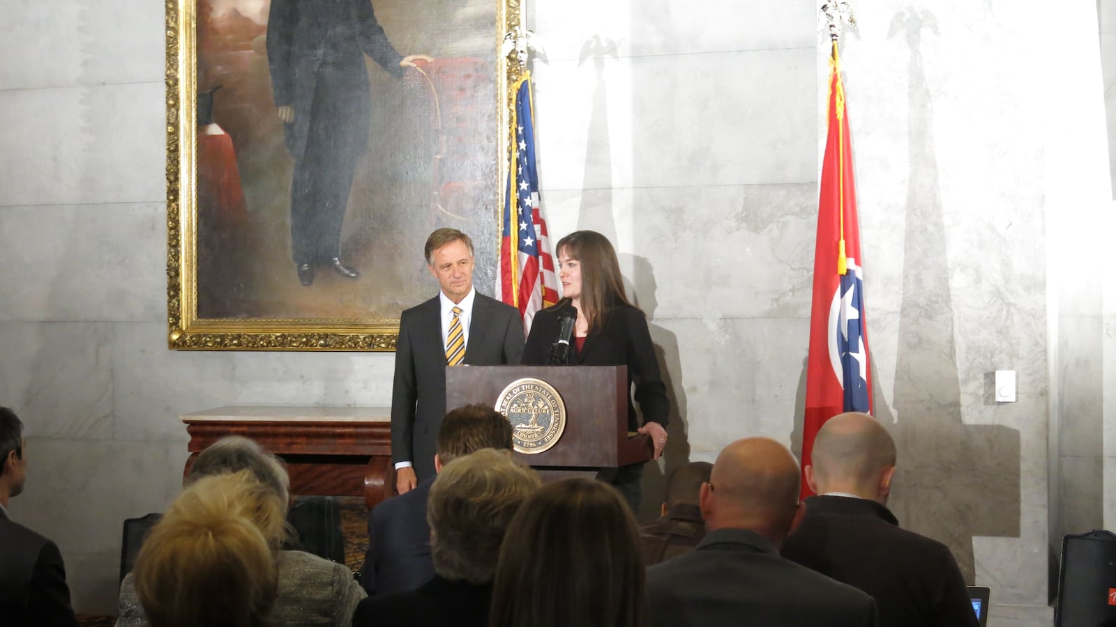 Candice McQueen and Bill Haslam announced McQueen's new job at the state capitol.