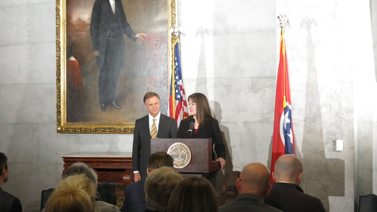 Candice McQueen and Bill Haslam announced McQueen's new job at the state capitol.