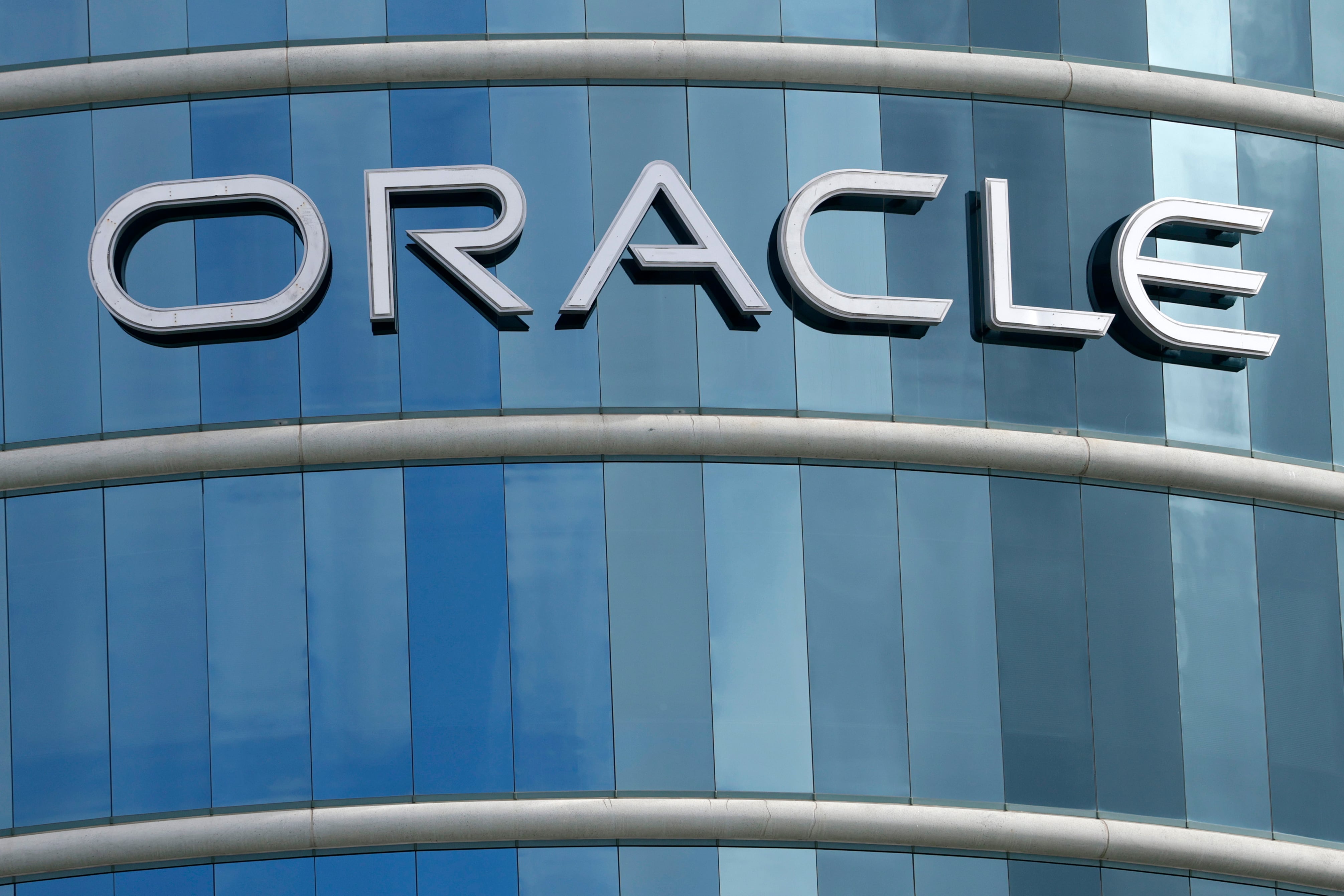 The Oracle logo on the side of a building.