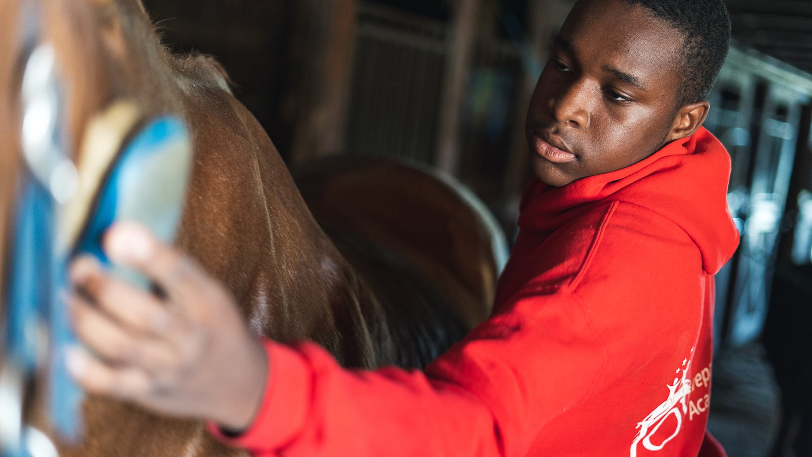 A Detroit student cares for a horse as part of a program offered through Detroit Horse Power.