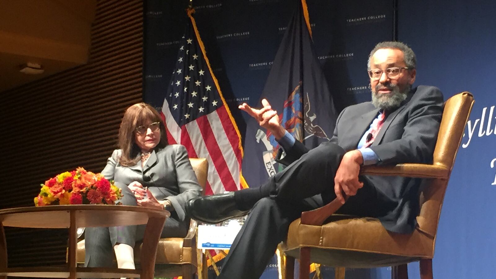 Teachers College at Columbia University President Susan Fuhrman, left, led a question-and-answer session with Christopher Edley, Jr., a senior policy advisor to Hillary Clinton. (Photo by Christina Veiga)