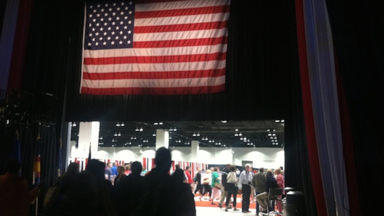 The flag hangs over the convention of the nation's largest teacher union