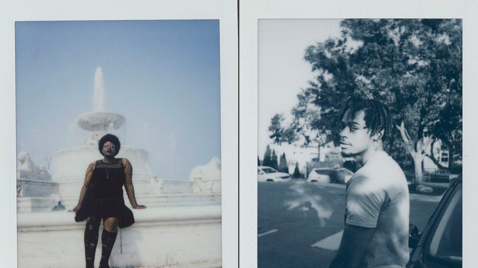 In left photo, a woman in front of a white fountain. At right, a black and white photo of a young man looking over his shoulder. He is wearing a white T-shirt.