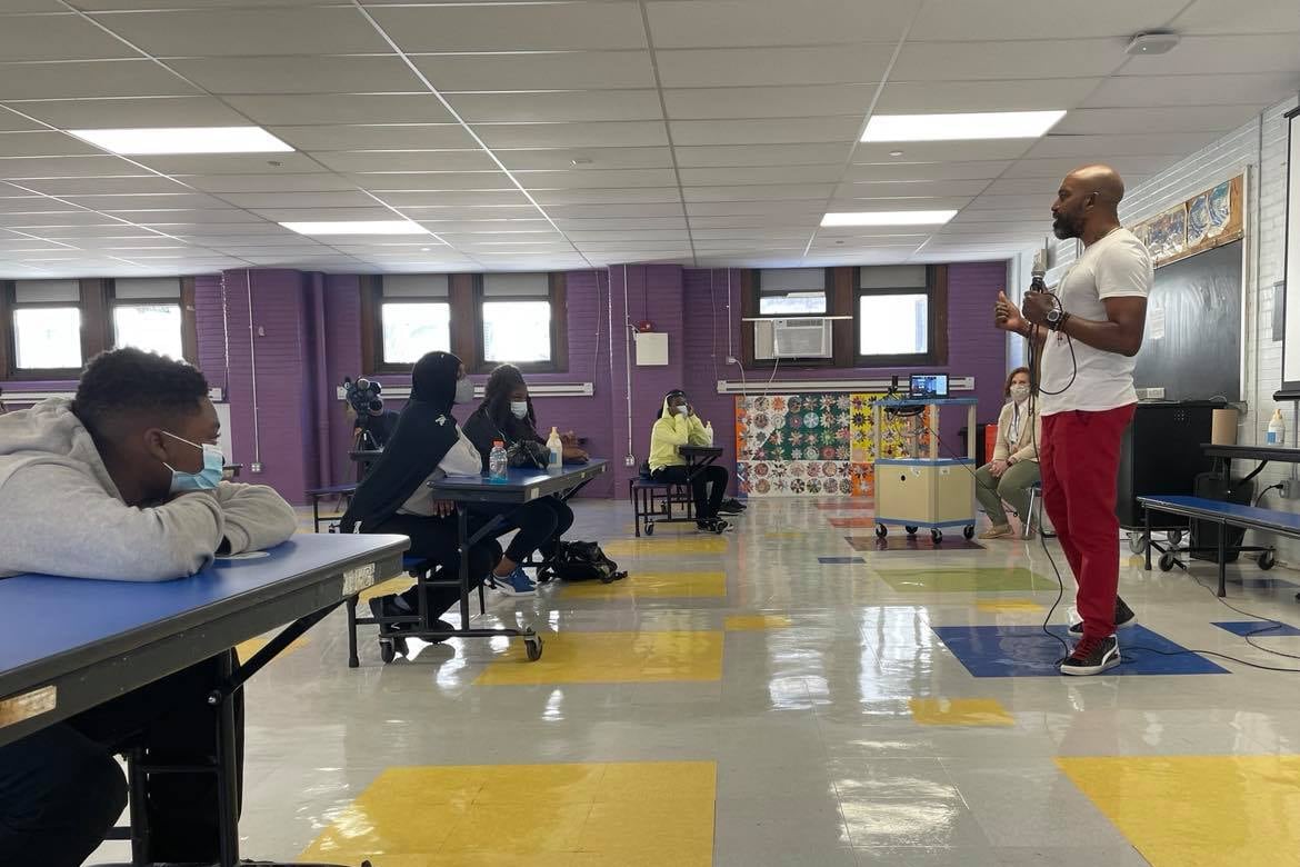 Kamau Stanford, chief operating officer for the Philadelphia Black Doctors COVID-19 Consortium, spoke to students at Mastery Charter School’s Shoemaker campus Friday.
